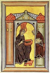 Hildegard of Bingen, from a miniature in the Rupertsberg Codex of the Liber Scivias.  Wikimedia Commons.